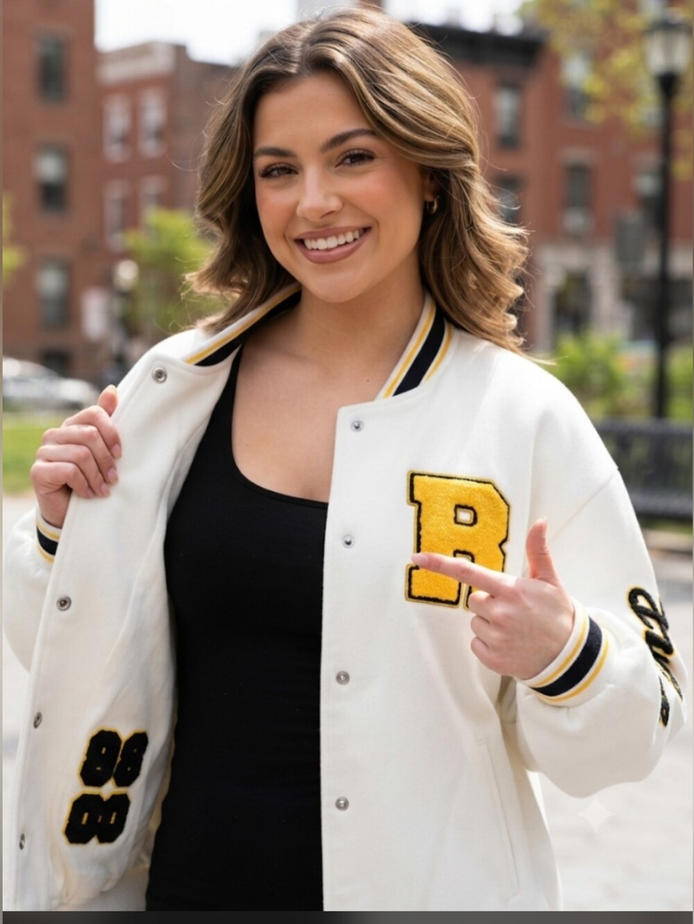 Rue21 White and Yellow Varsity Jacket with Embroidered B